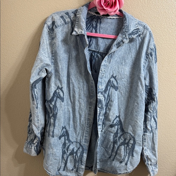 Jane and Delancey Blue Horse Print Button Down Shirt - Picture 2 of 6